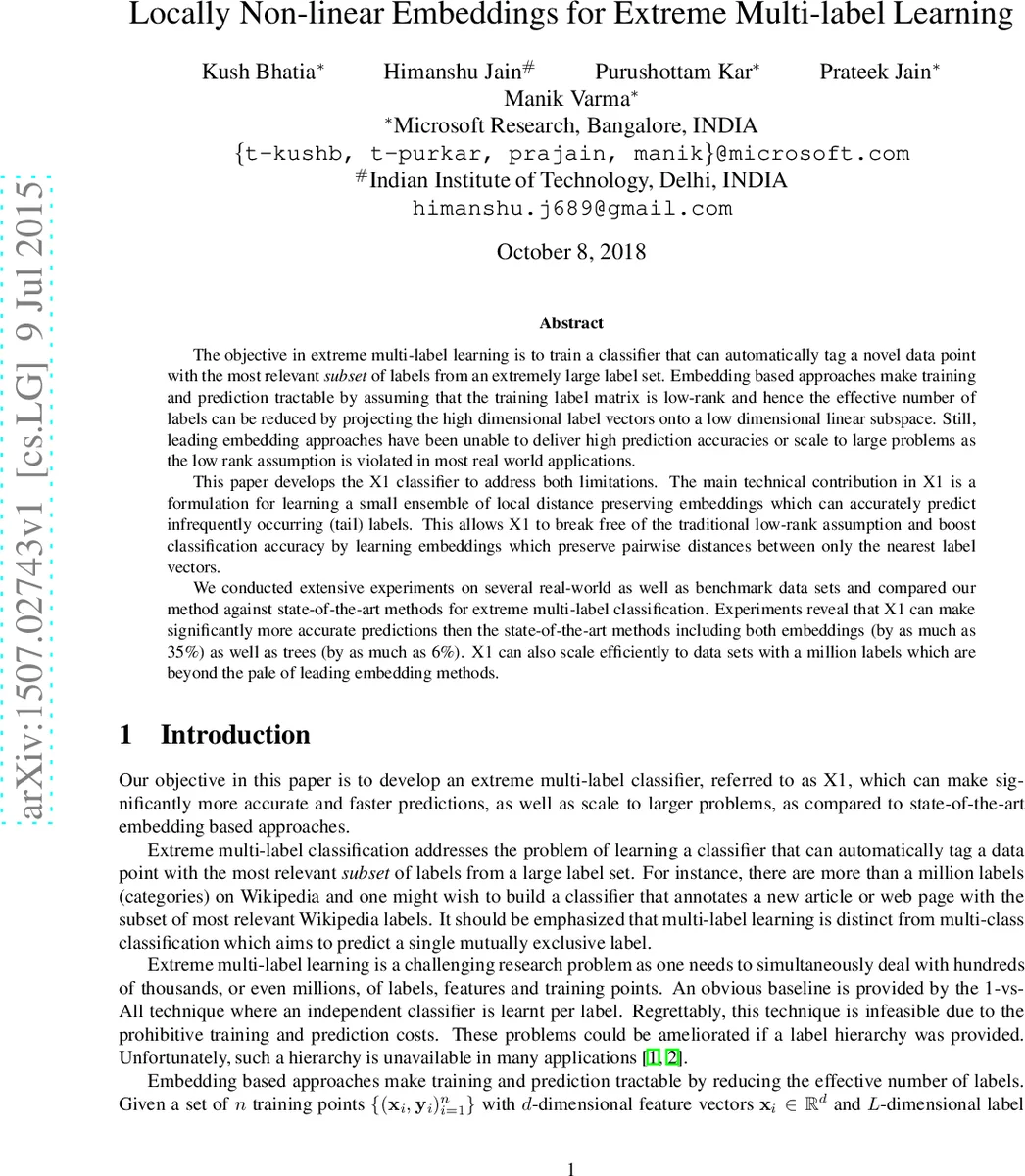 Locally Non-linear Embeddings for Extreme Multi-label Learning