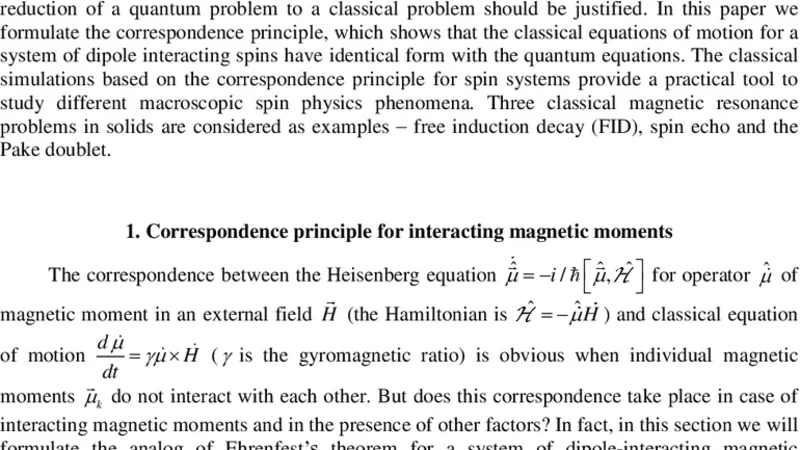 The quantum mechanics correspondence principle for spin systems and its   application for some magnetic resonance problems
