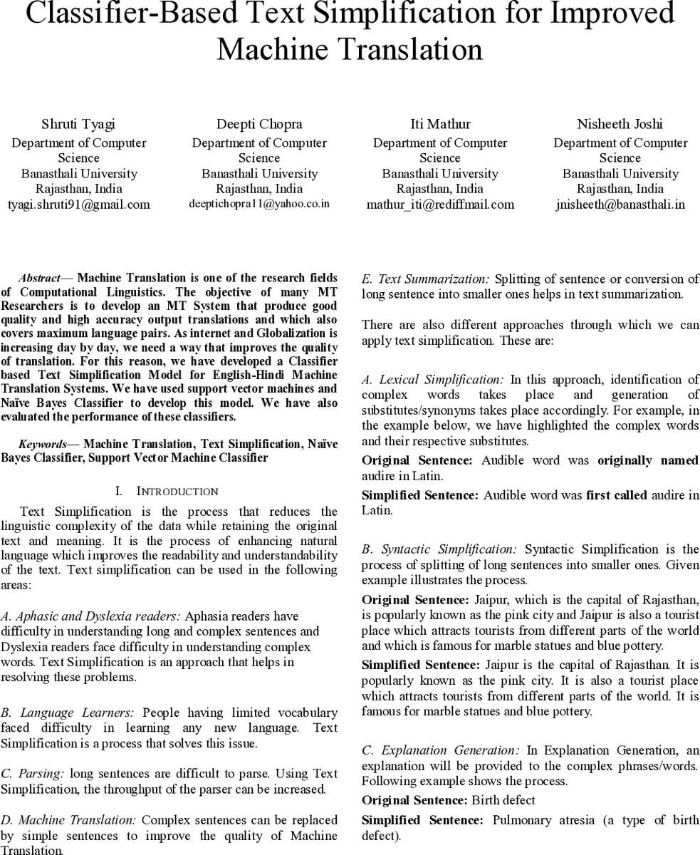 Classifier-Based Text Simplification for Improved Machine Translation