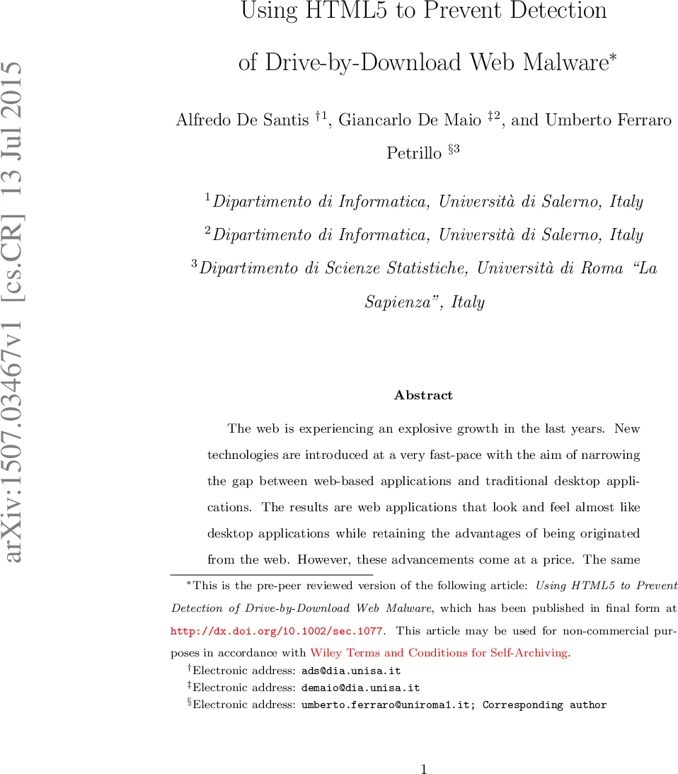 Using HTML5 to Prevent Detection of Drive-by-Download Web Malware