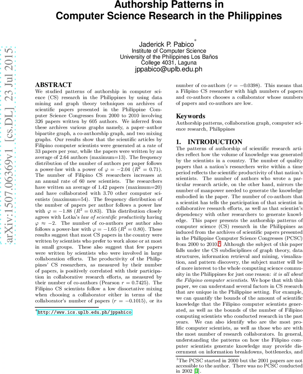 Authorship Patterns in Computer Science Research in the Philippines