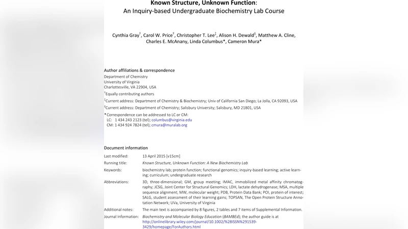 Known Structure, Unknown Function: An Inquiry-based Undergraduate   Biochemistry Laboratory Course
