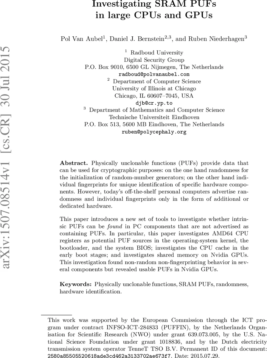 Investigating SRAM PUFs in large CPUs and GPUs