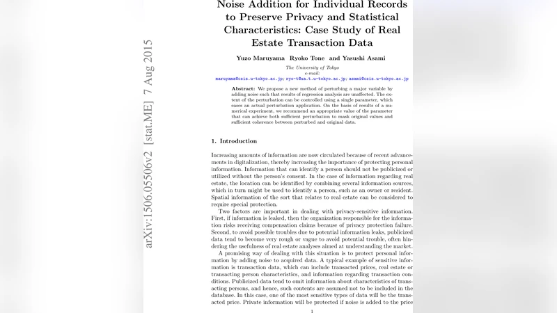 Noise Addition for Individual Records to Preserve Privacy and   Statistical Characteristics: Case Study of Real Estate Transaction Data