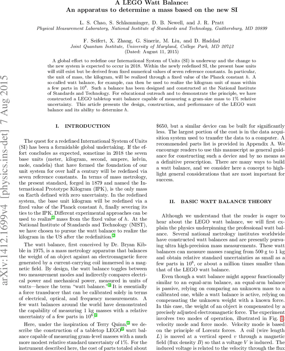 A LEGO Watt Balance: An apparatus to determine a mass based on the new   SI