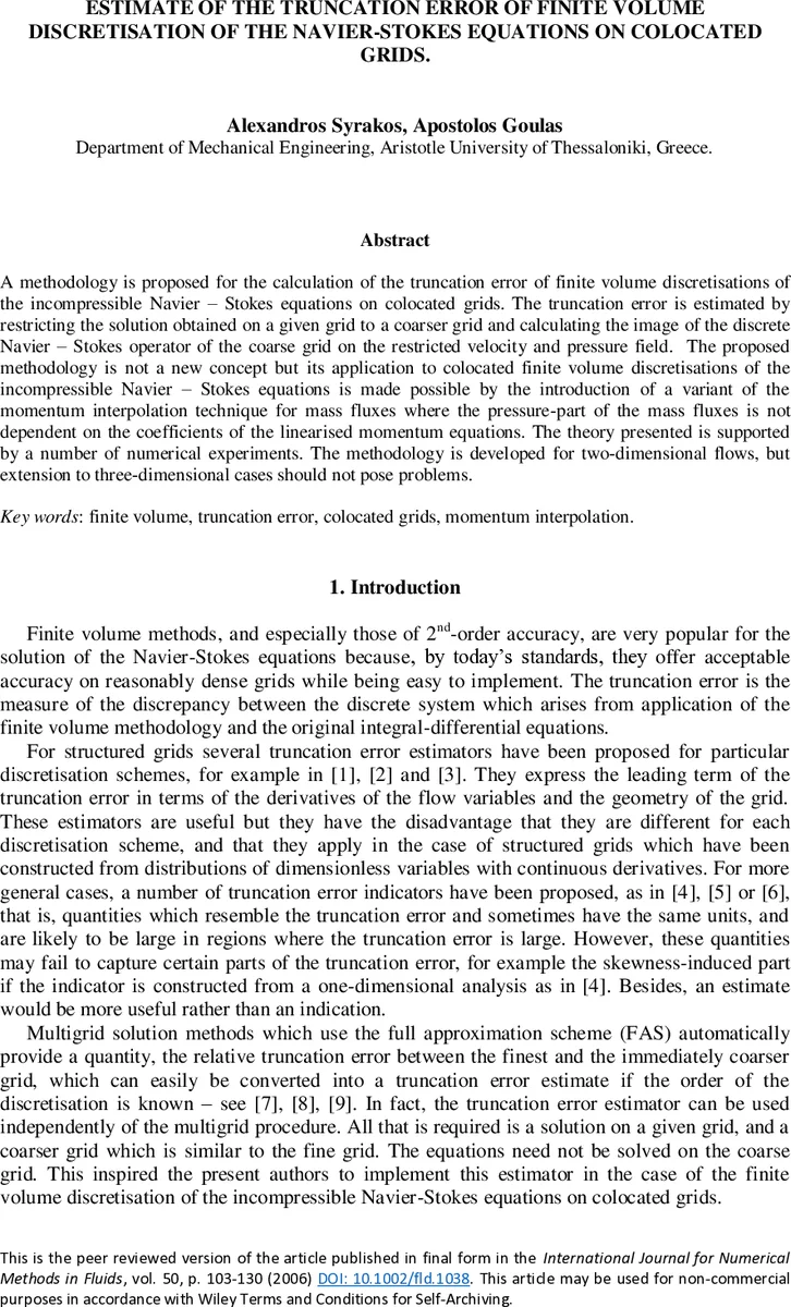 Estimate of the truncation error of a finite volume discretisation of   the Navier-Stokes equations on colocated grids