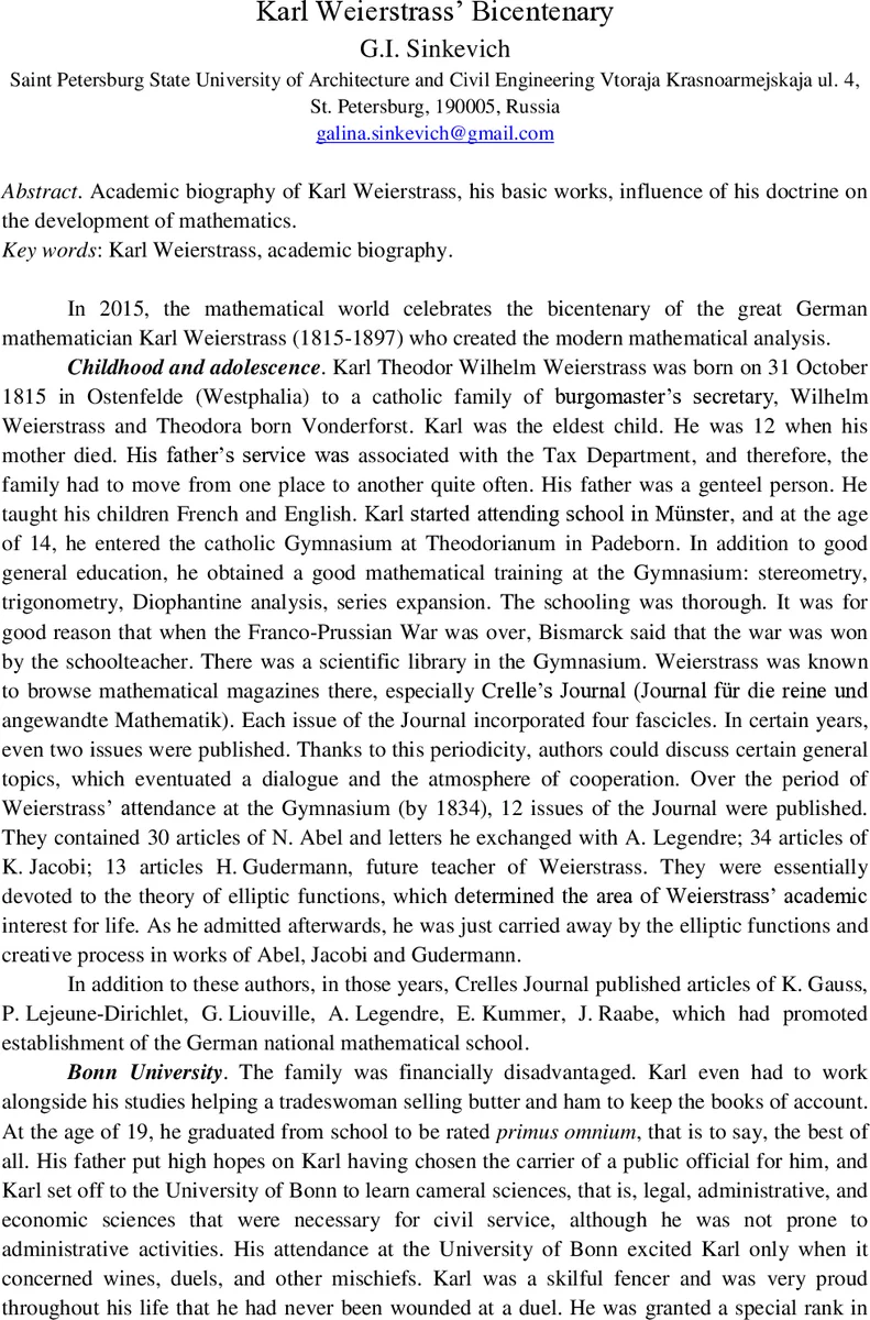 Karl Weierstrass Bicentenary