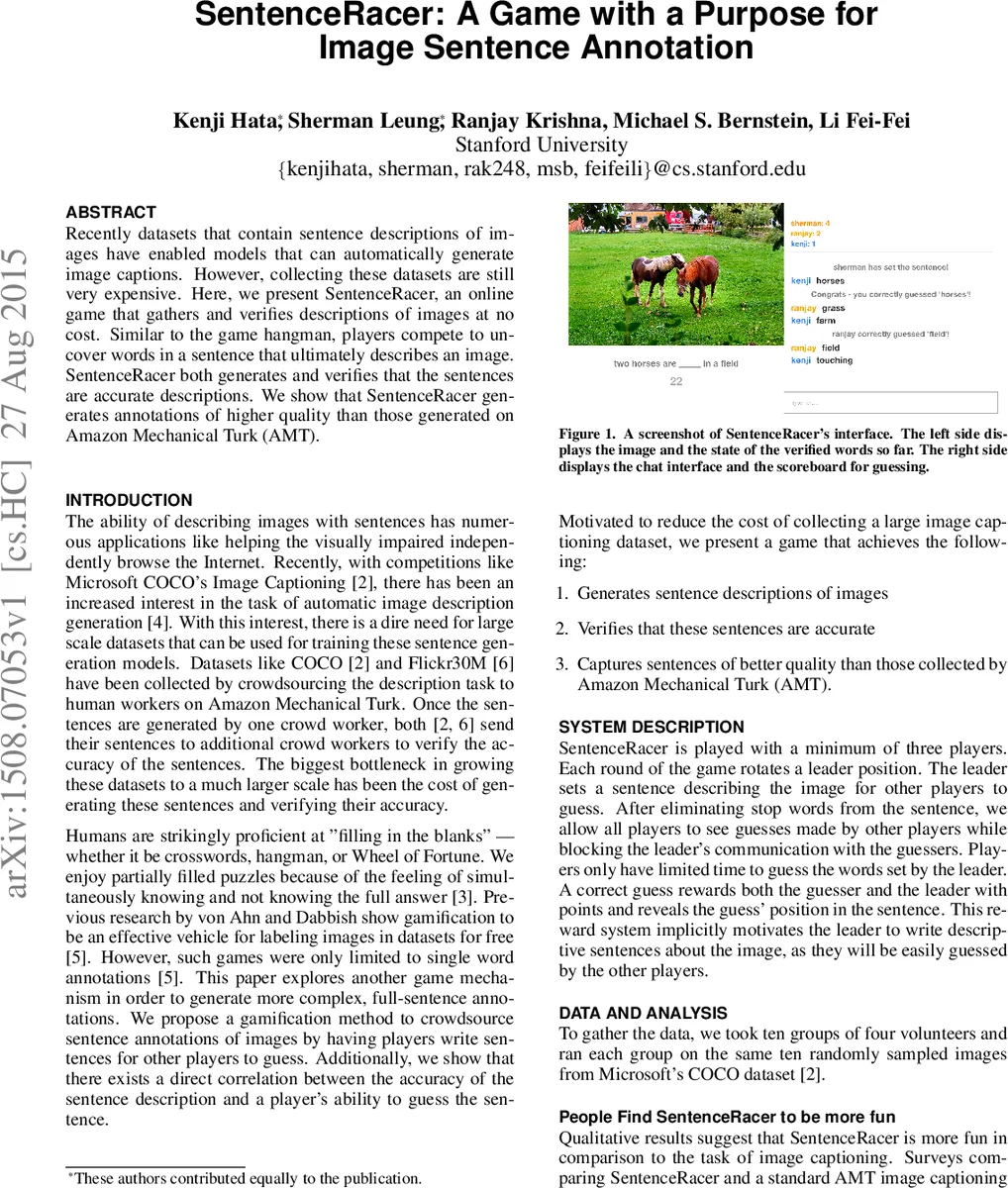 SentenceRacer: A Game with a Purpose for Image Sentence Annotation