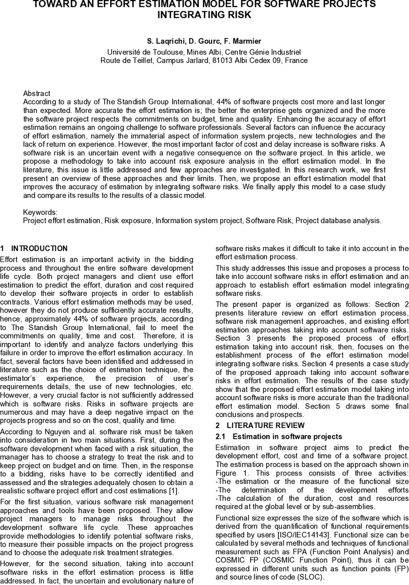 Toward an effort estimation model for software projects integrating risk