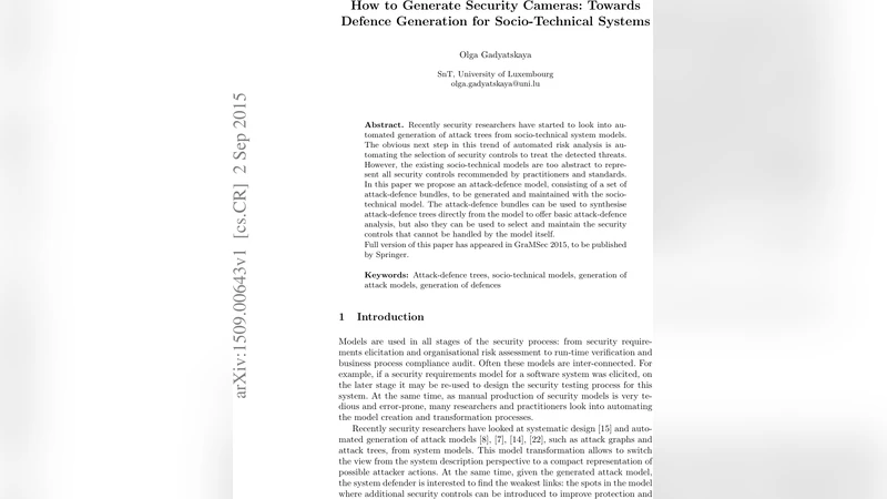 How to Generate Security Cameras: Towards Defence Generation for   Socio-Technical Systems