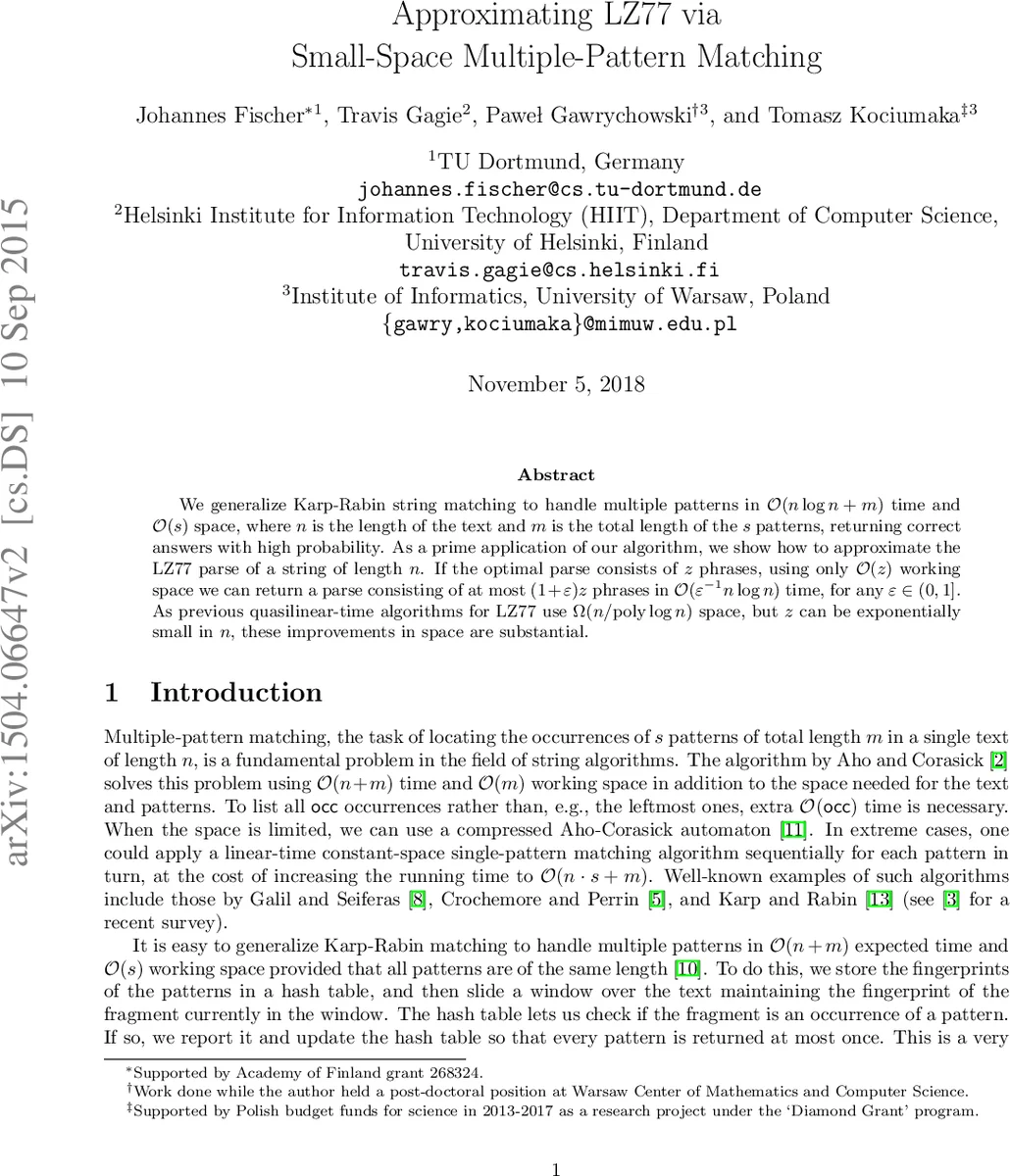 Approximating LZ77 via Small-Space Multiple-Pattern Matching
