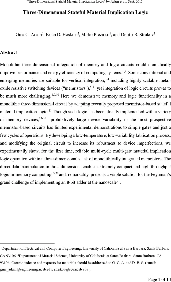 Three-Dimensional Stateful Material Implication Logic