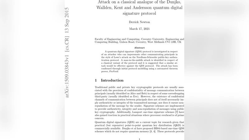 Attack on a classical analogue of the Dunjko, Wallden, Kent and   Andersson quantum digital signature protocol