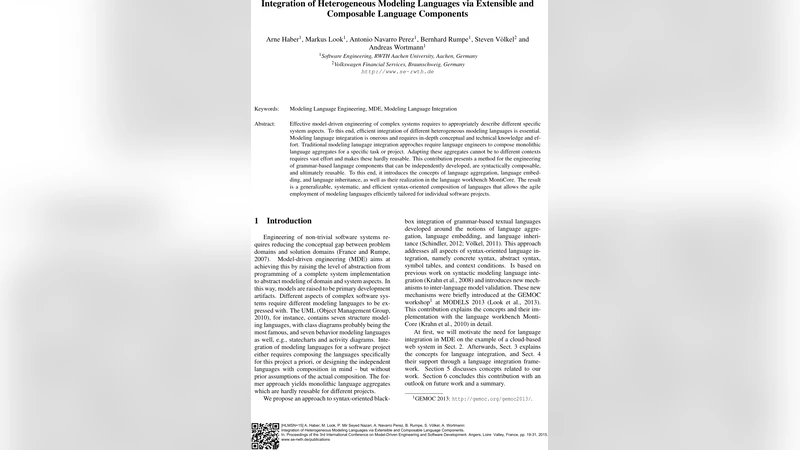 Integration of Heterogeneous Modeling Languages via Extensible and   Composable Language Components