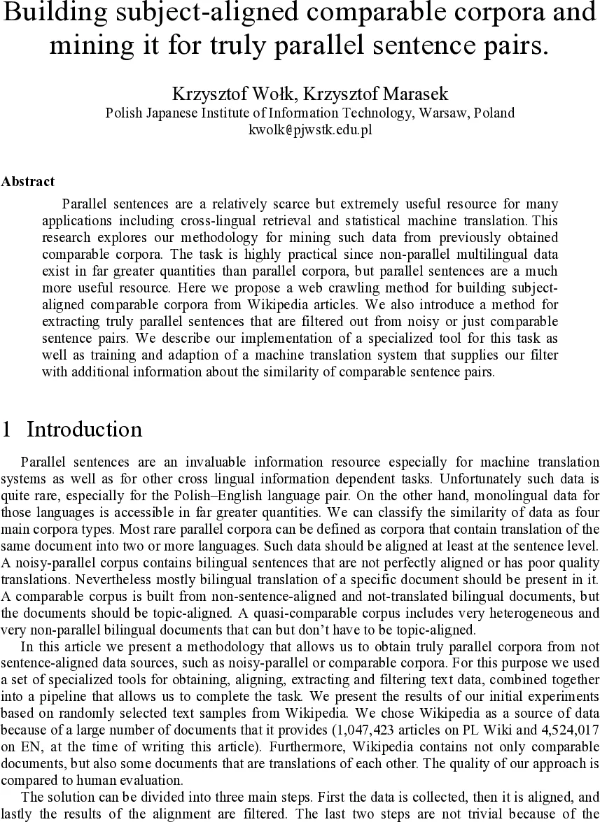 Building Subject-aligned Comparable Corpora and Mining it for Truly   Parallel Sentence Pairs