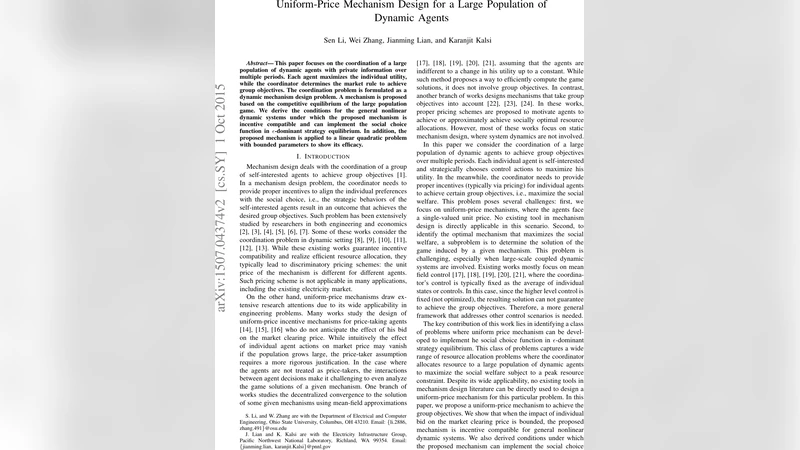 Uniform-Price Mechanism Design for a Large Population of Dynamic Agents