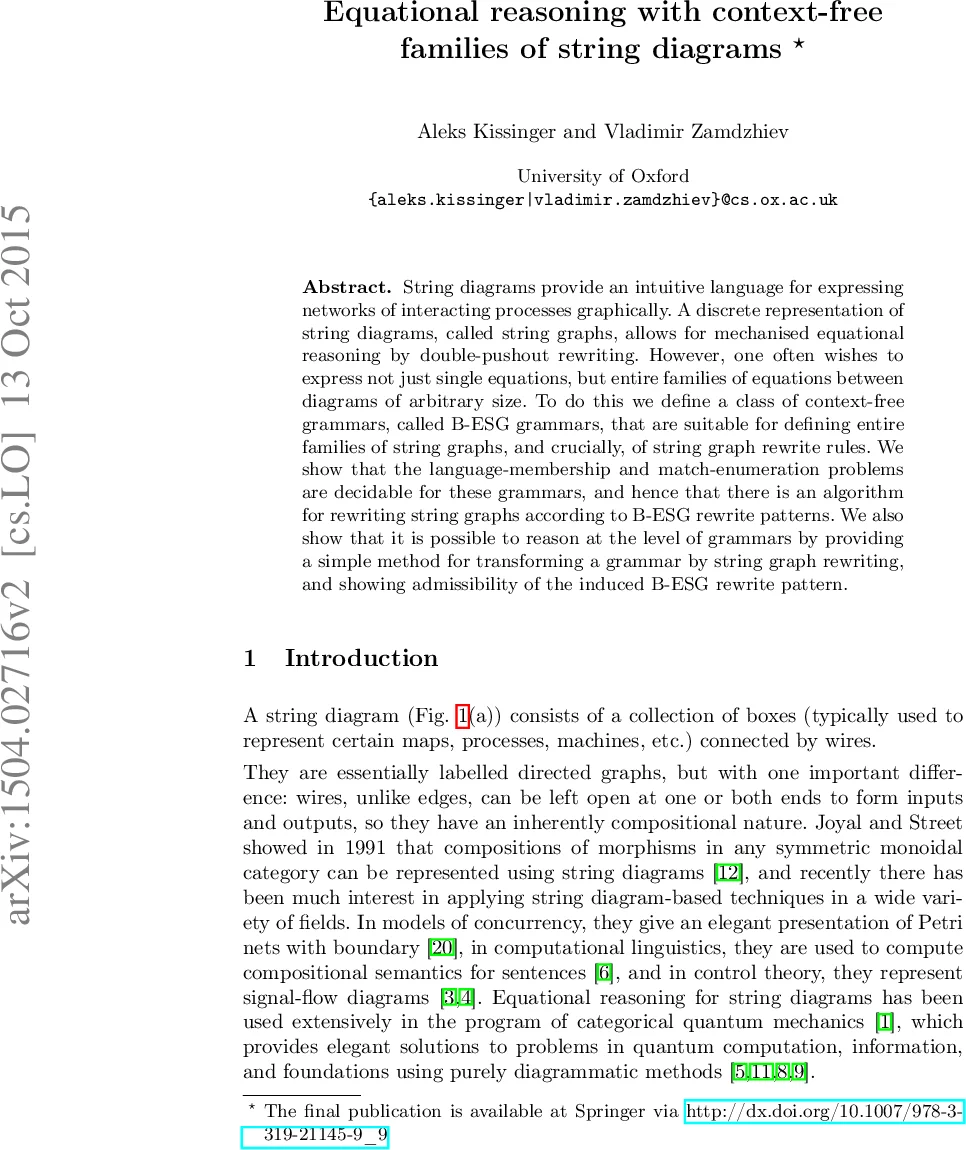 Equational reasoning with context-free families of string diagrams