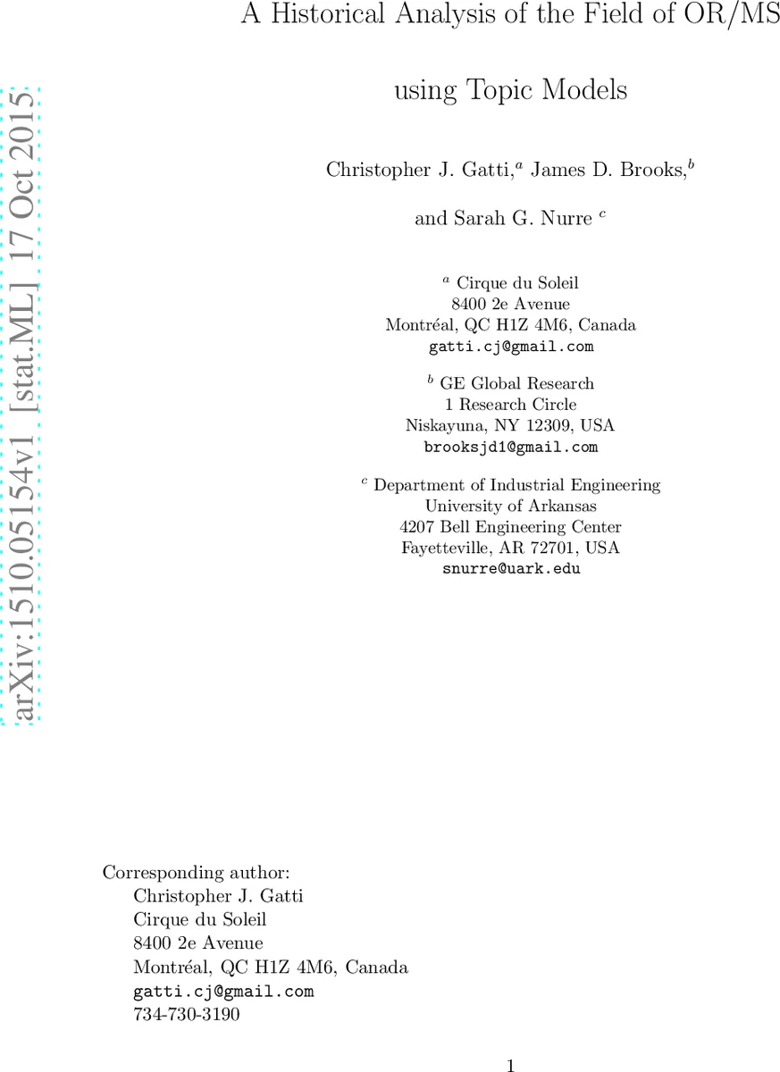 A Historical Analysis of the Field of OR/MS using Topic Models
