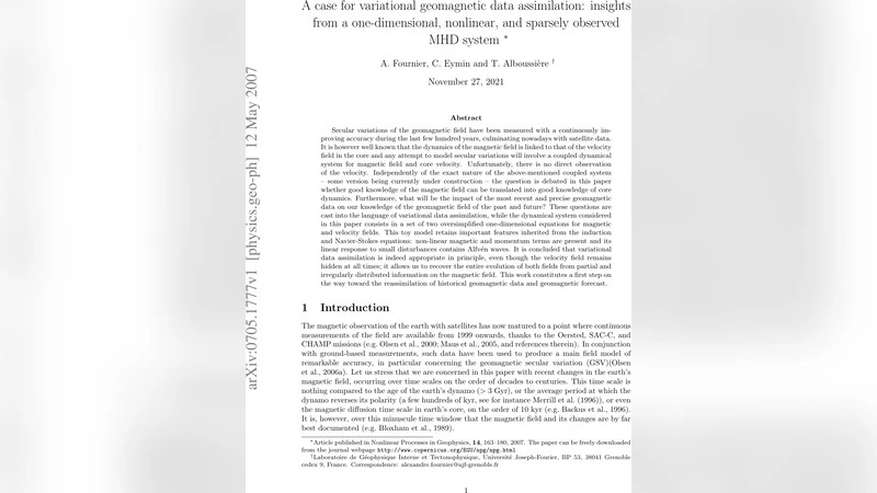 A case for variational geomagnetic data assimilation: insights from a   one-dimensional, nonlinear, and sparsely observed MHD system