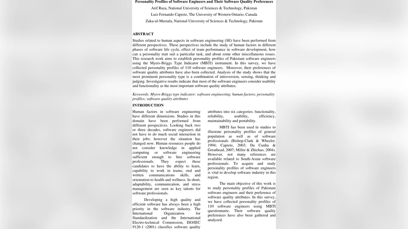 Personality Profiles of Software Engineers and Their Software Quality   Preferences