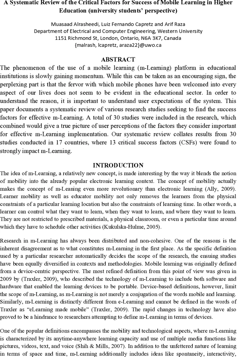 A Systematic Literature Review of the Critical Factors for Success of   Mobile Learning in Higher Education (University Students Perspective)