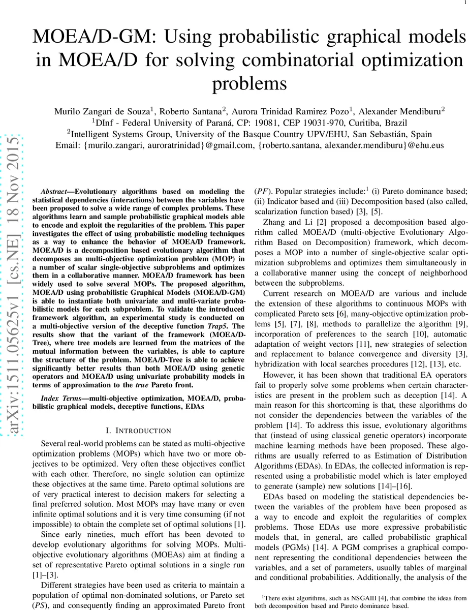 MOEA/D-GM: Using probabilistic graphical models in MOEA/D for solving   combinatorial optimization problems