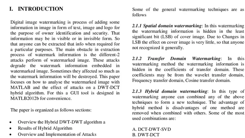 Analysis of Attacks on Hybrid DWT-DCT Algorithm for Digital Image   Watermarking With MATLAB