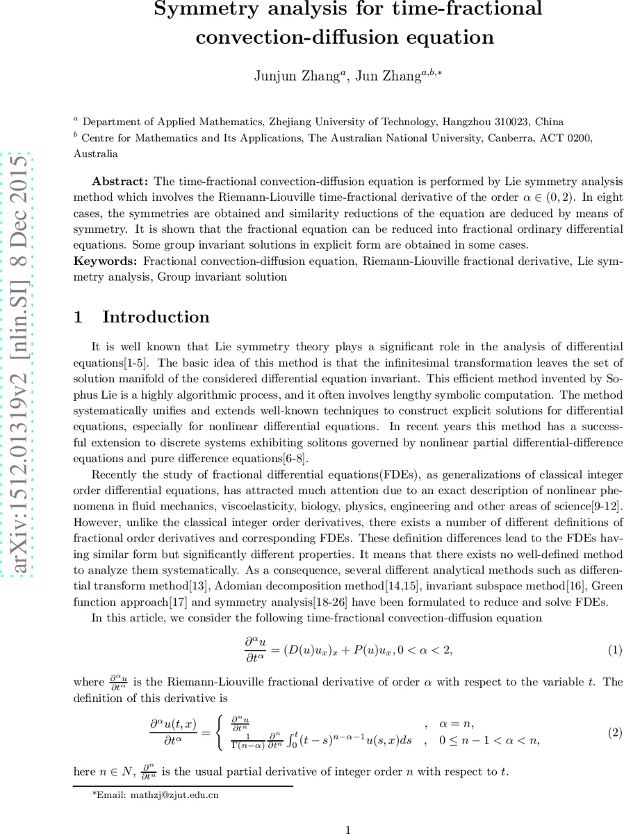 Symmetry analysis for time-fractional convection-diffusion equation
