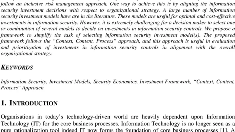 Context, Content, Process Approach to Align Information Security   Investments with Overall Organizational Strategy