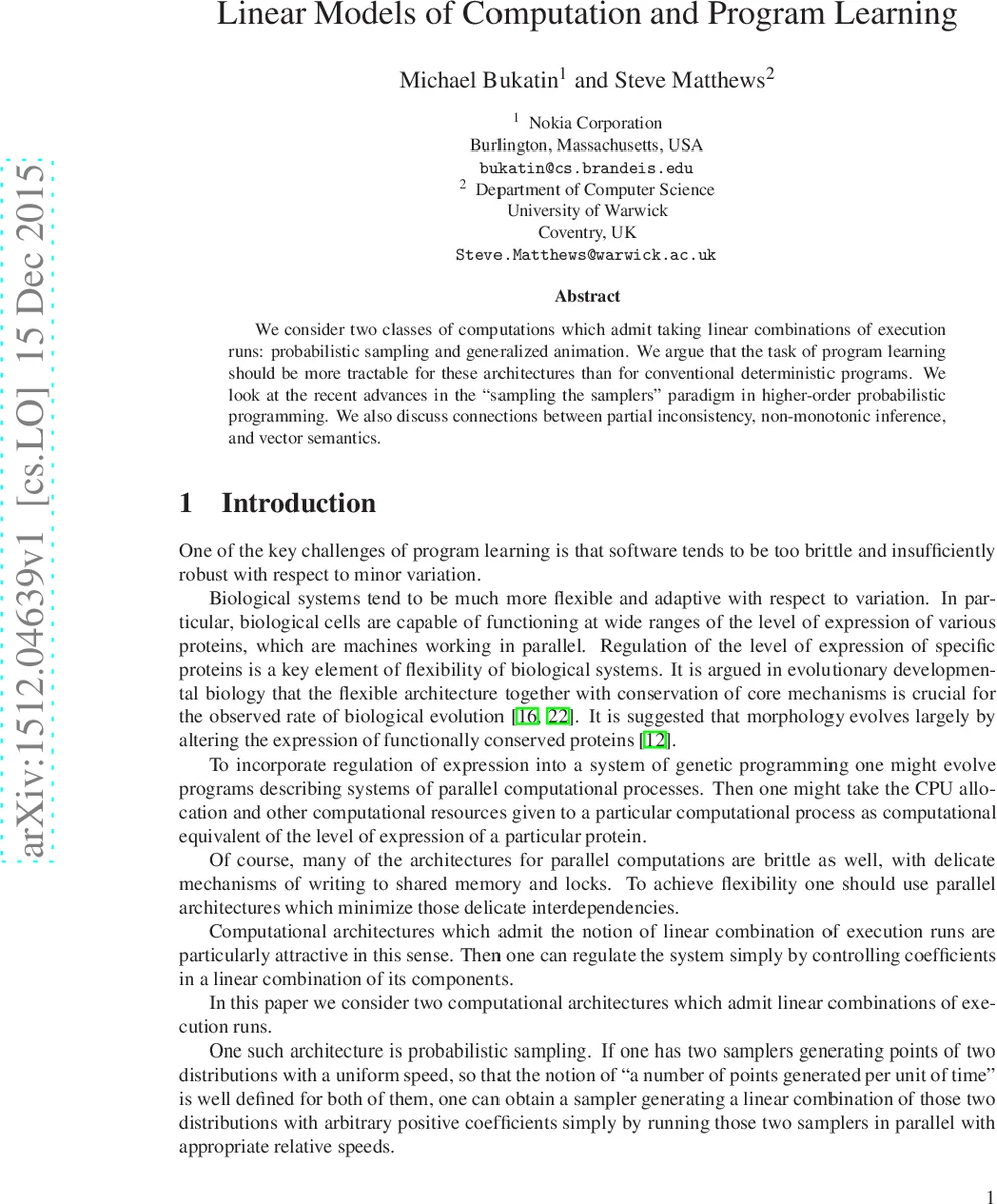 Linear Models of Computation and Program Learning