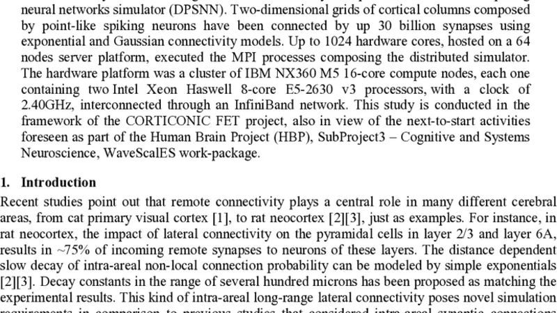 Impact of exponential long range and Gaussian short range lateral   connectivity on the distributed simulation of neural networks including up to   30 billion synapses