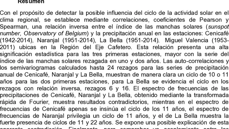 El Ciclo de las Manchas Solares y la Precipitacion en la Region del   Eje Cafetero - Colombia