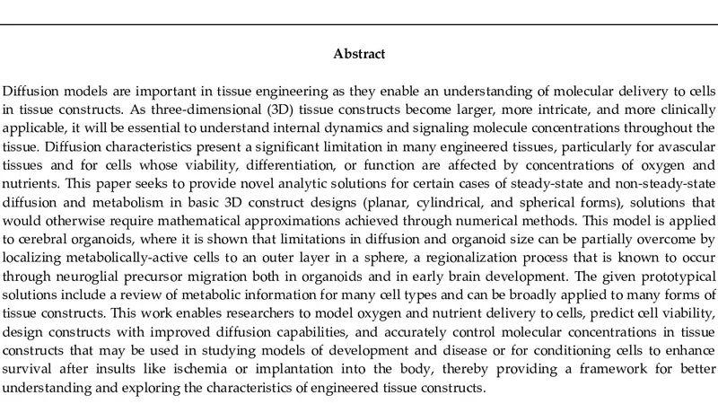 Analytic and Numerical Models of Oxygen and Nutrient Diffusion,   Metabolism Dynamics, and Architecture Optimization in Three-Dimensional   Tissue Constructs with Applications and Insights in Cerebral Organoids