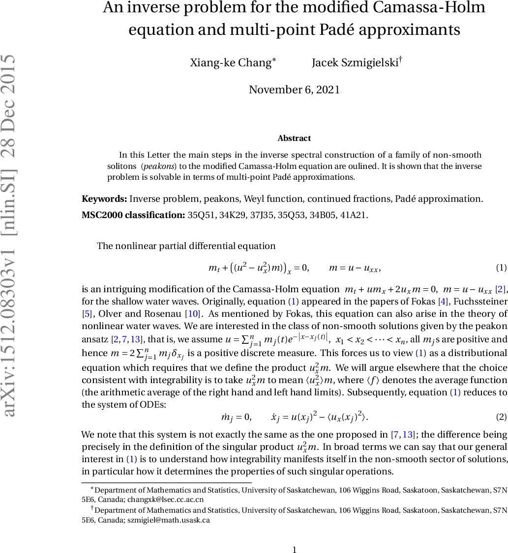 An inverse problem for the modified Camassa-Holm equation and   multi-point Pad{e} approximants
