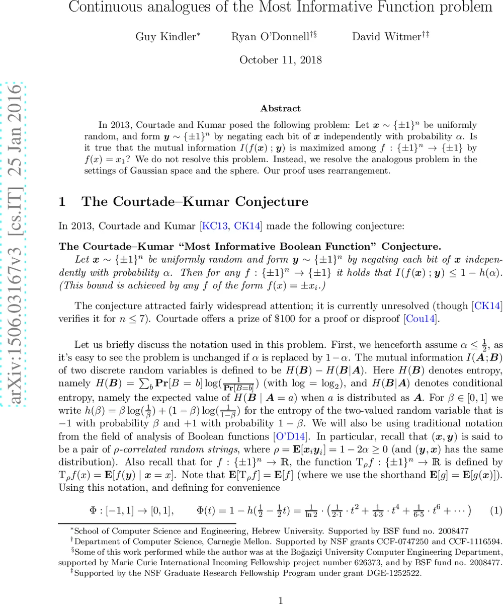 Remarks on the Most Informative Function Conjecture at fixed mean