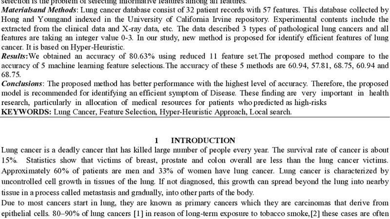 Hyper-Heuristic Algorithm for Finding Efficient Features in Diagnose of   Lung Cancer Disease
