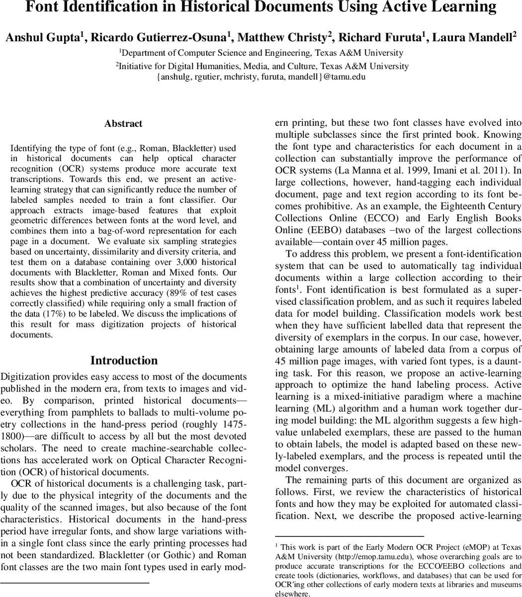 Font Identification in Historical Documents Using Active Learning