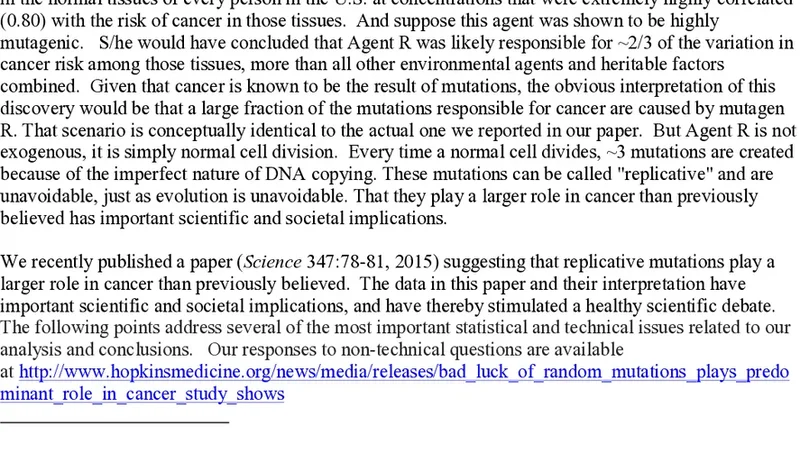 Musings on the theory that variation in cancer risk among tissues can be   explained by the number of divisions of normal stem cells