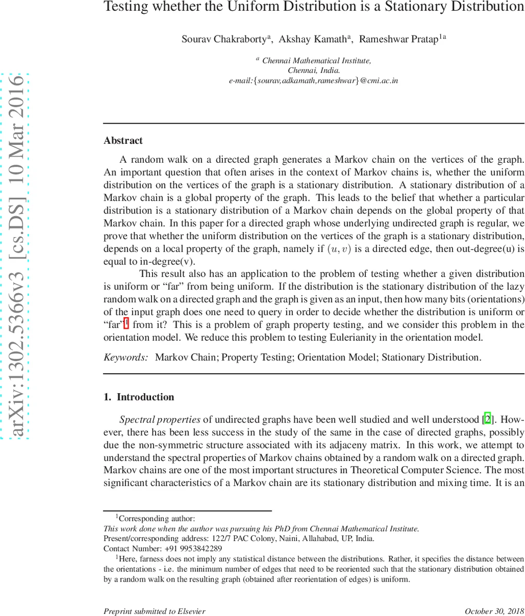 Testing Uniformity of Stationary Distribution