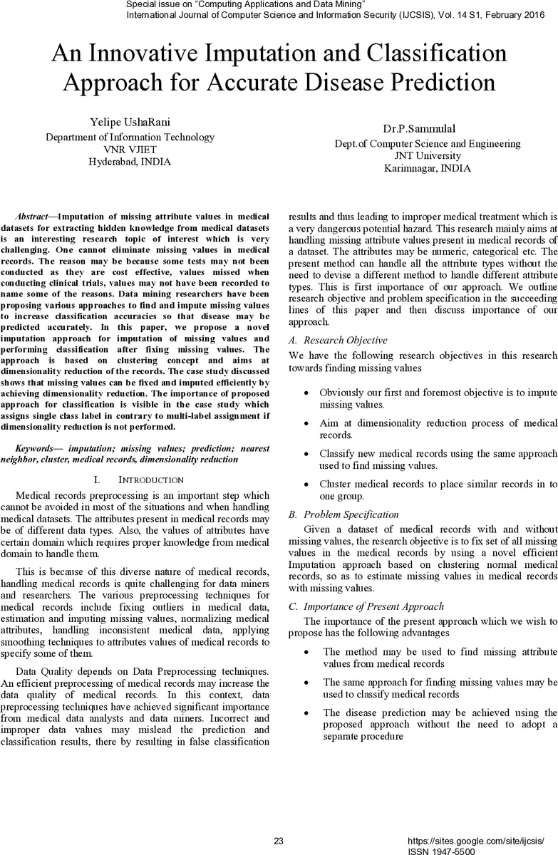 An Innovative Imputation and Classification Approach for Accurate   Disease Prediction
