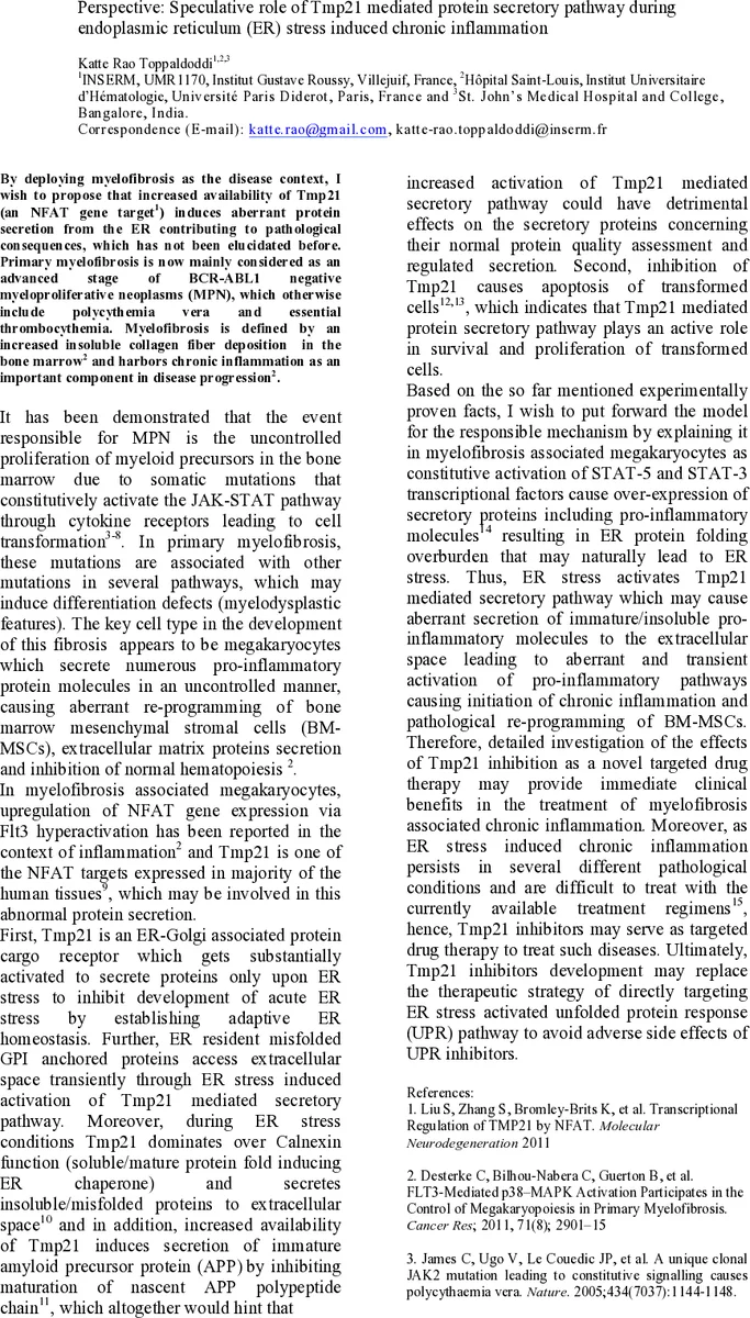Perspective: Speculative role of Tmp21 mediated protein secretory   pathway during endoplasmic reticulum (ER) stress induced chronic inflammation