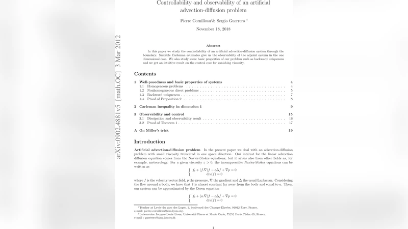 Controllability and observabiliy of an artificial advection-diffusion   problem