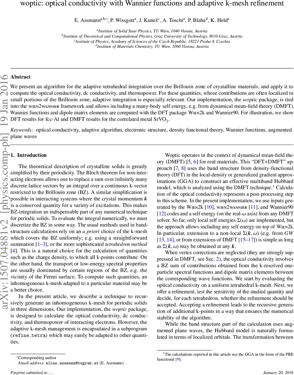 Woptic: optical conductivity with Wannier functions and adaptive k-mesh   refinement