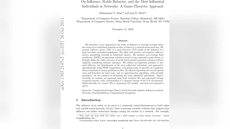 On Influence, Stable Behavior, and the Most Influential Individuals in   Networks: A Game-Theoretic Approach