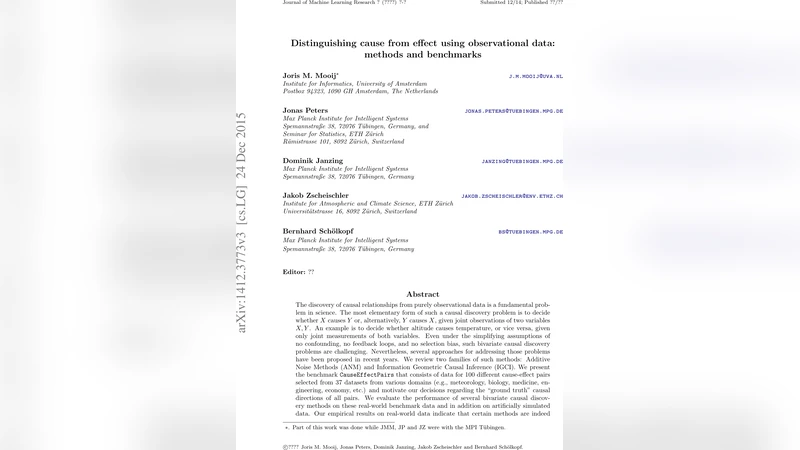 Distinguishing cause from effect using observational data: methods and   benchmarks