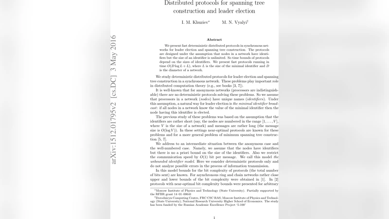 Distributed protocols for spanning tree construction and leader election