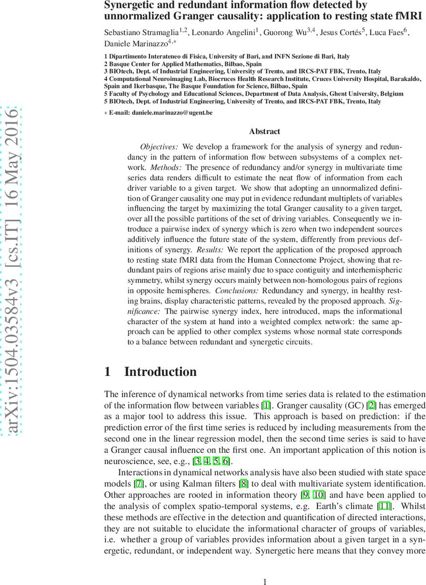 Synergetic and redundant information flow detected by unnormalized   Granger causality: application to resting state fMRI