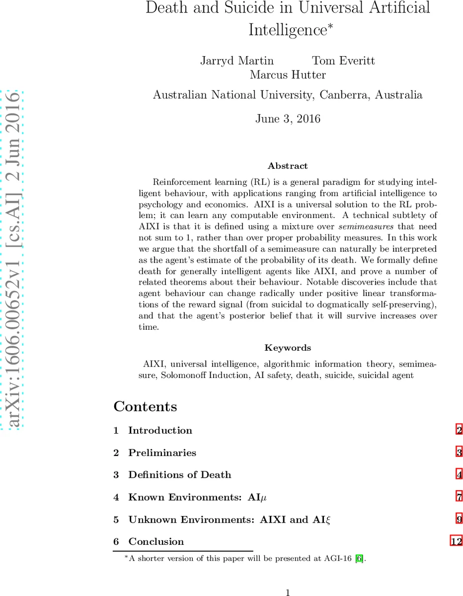 Death and Suicide in Universal Artificial Intelligence