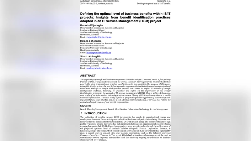 Defining the optimal level of business benefits within IS/IT projects:   Insights from benefit identification practices adopted in an IT Service   Management (ITSM) project