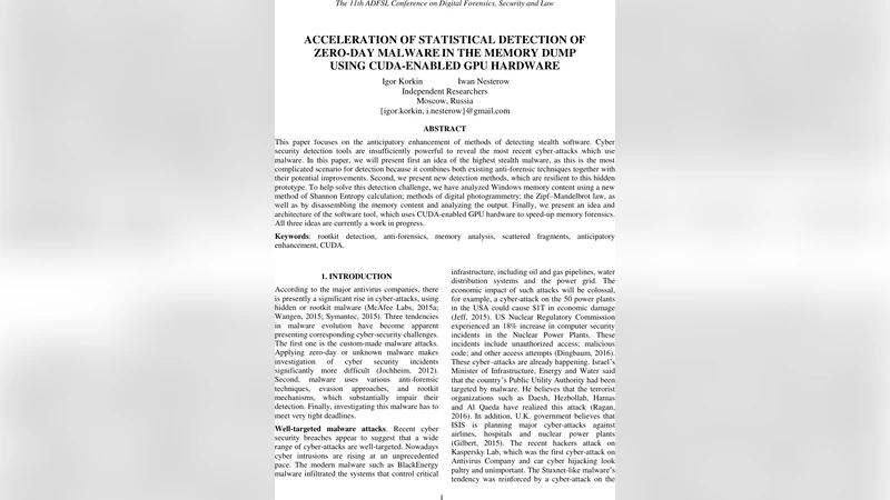 Acceleration of Statistical Detection of Zero-day Malware in the Memory   Dump Using CUDA-enabled GPU Hardware